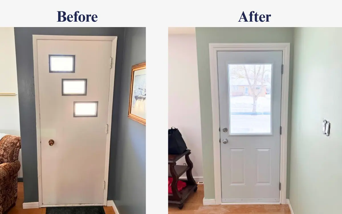Before and after, entry door install pictures for the region of Fort Frances, Kenora, Dryden and, Sioux Lookout